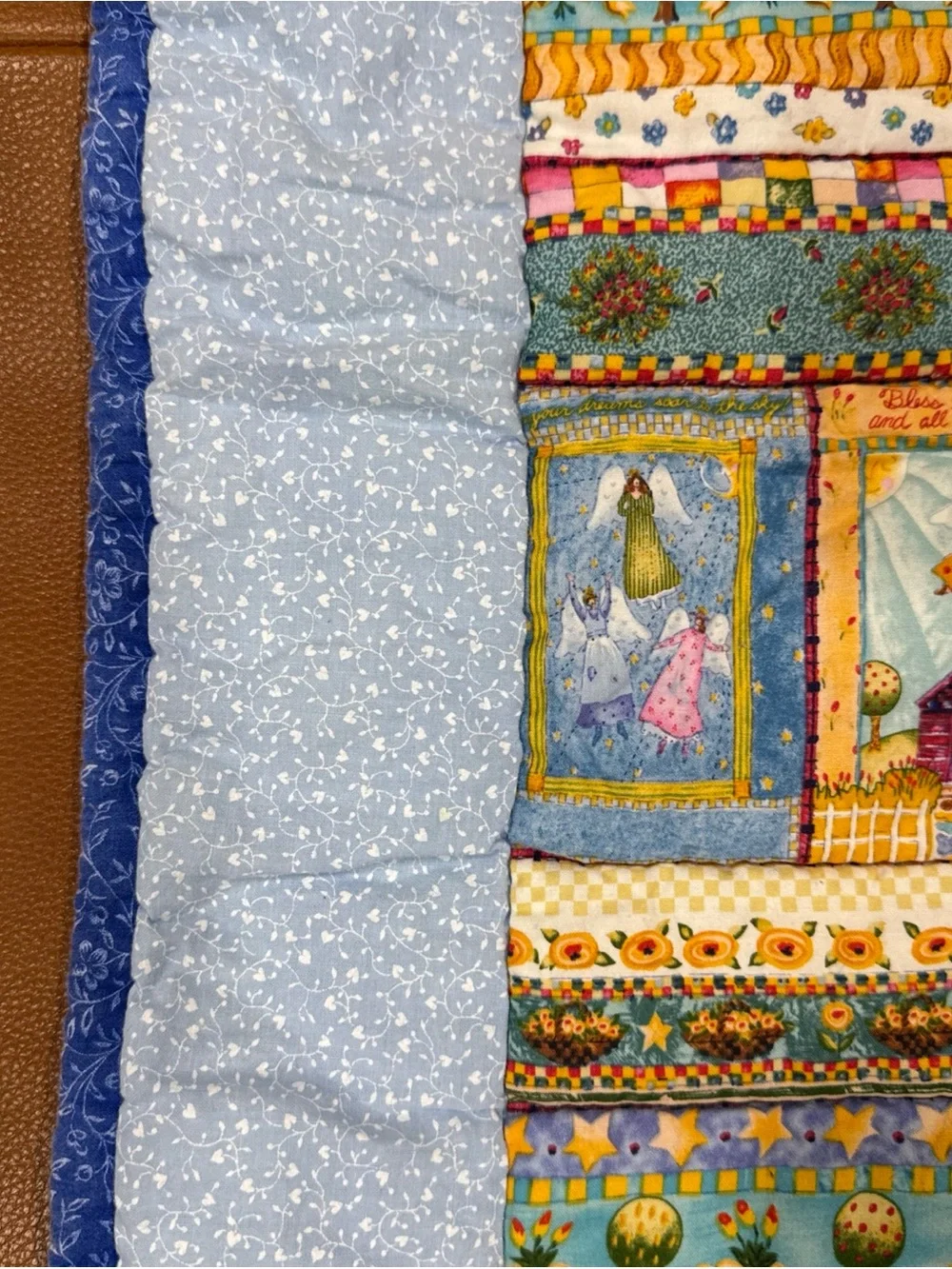 Hand Quilted Angel Baby Quilt Blue Handmade Crib Blanket  With Flannel Back